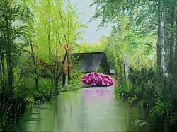 Riesenazalee in Lehde, Öl, 50x70 cm, 29.05.2020, Bild-Nr. 110, Familienbesitz