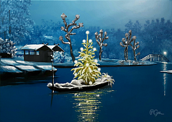 Spreewaldweihnacht im Lübbenauer Hafen, Öl, 50x70 cm, 23.01.2021, Bild-Nr. 111, Familienbesitz