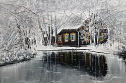 Lehde/Spreewaldhaus im Winter, Öl, 70x50, 17.03.2021, Nr. 112, Familienbesitz