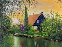 Sonnenuntergang in Lehde, Öl, 70 x 50 cm, 02.09.2018, Bild-Nr. 90, Familienbesitz